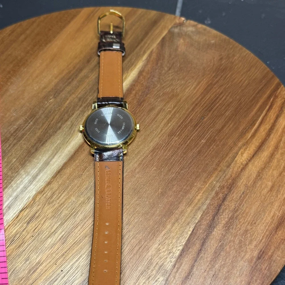 Sevil Dual Time Zone Watch Gold Tone Brown Leather Strap Japan Quartz Movt